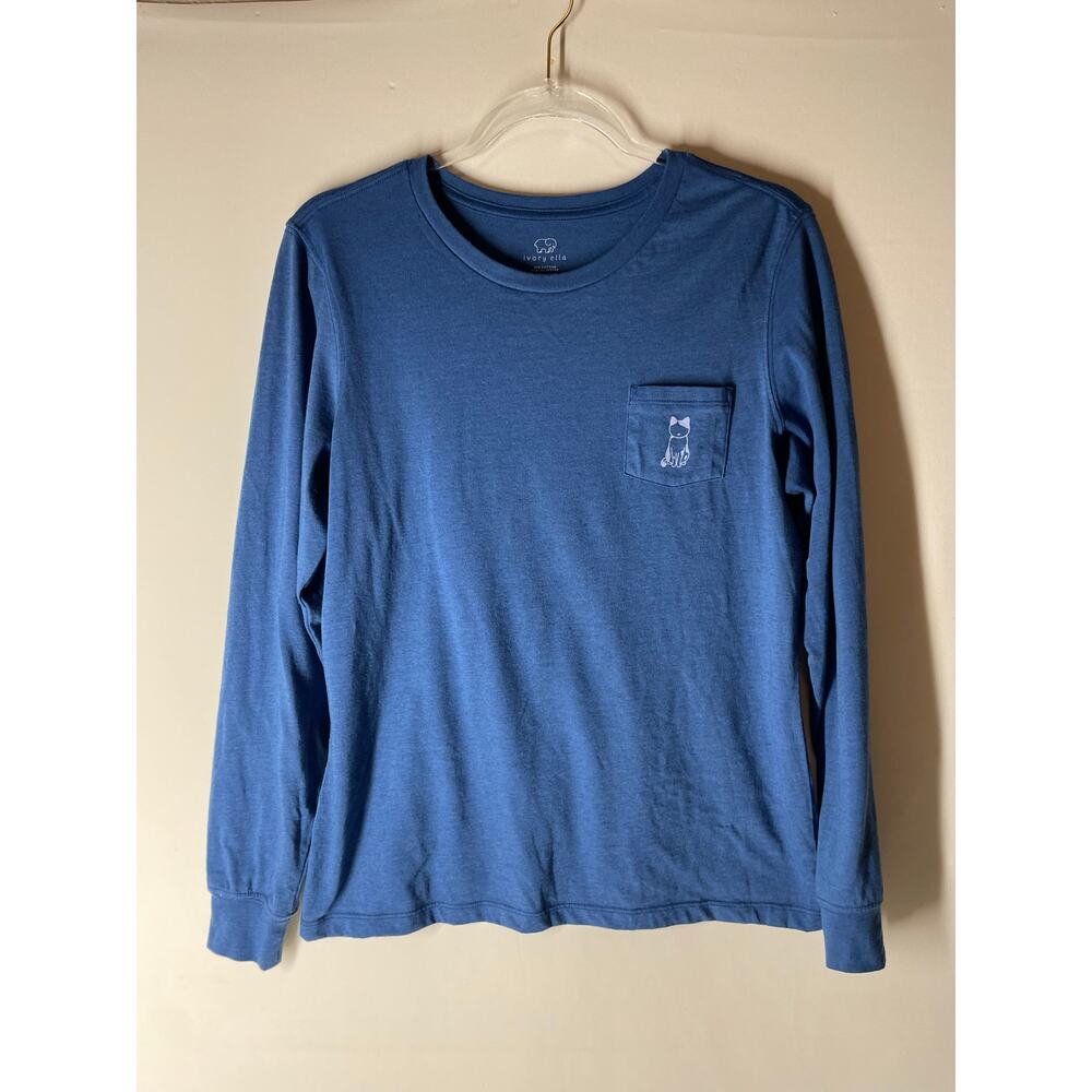 Ivory Ella Blue Halloween Black Cat Long Sleeve T-shirt Size Medium